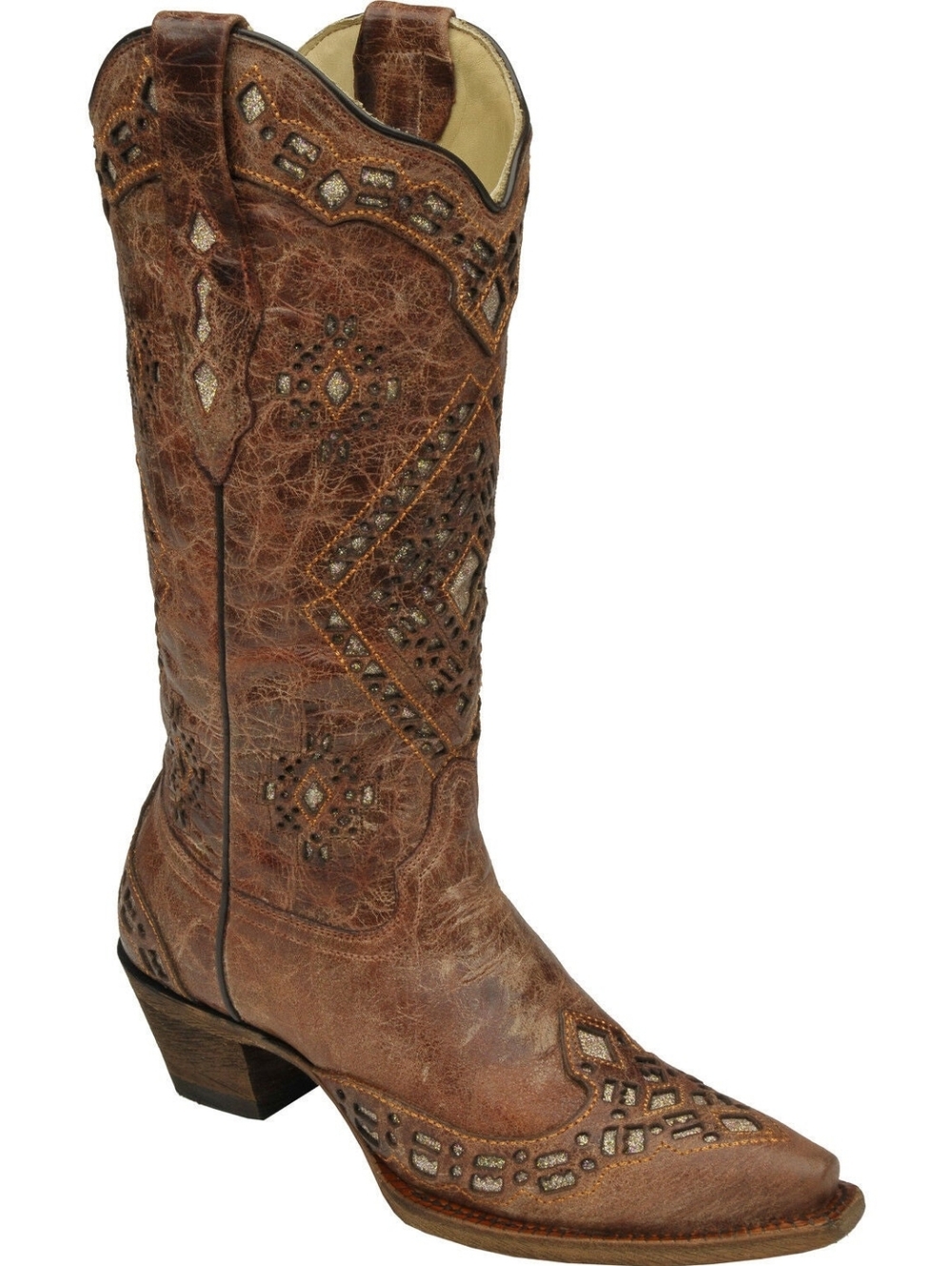 Corral Women's Glitter Inlay Western Boots Snip Toe Cognac, Size 6.5